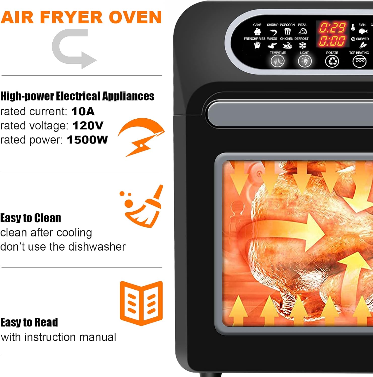 15.8qt 3-layer 16-in-1 Convection Air Fryer Toaster Oven with 6 Accessories, 1500W, Stainless Steel G9723