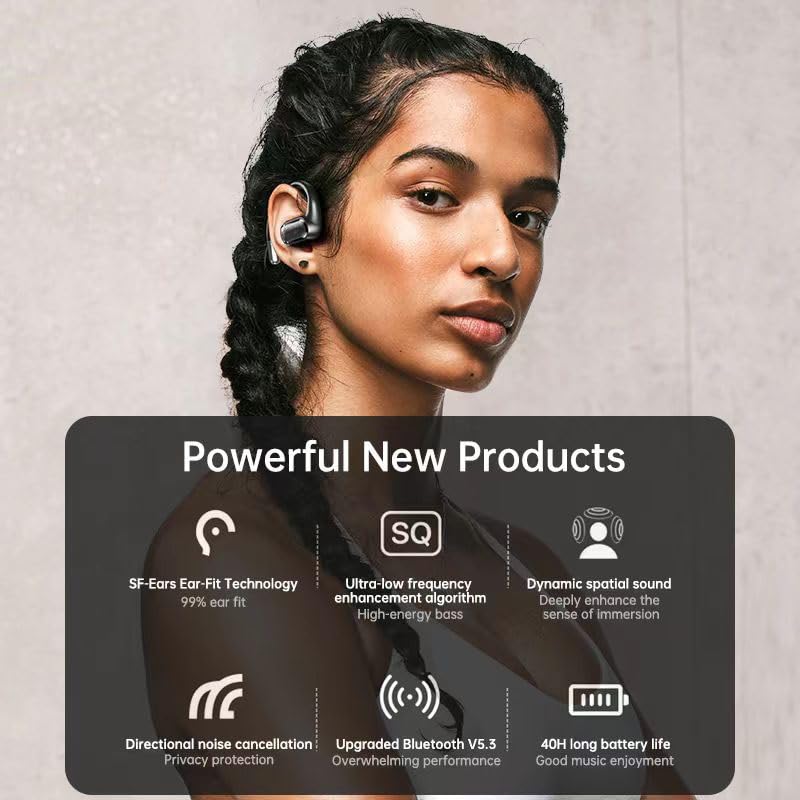 Black Open Ear Bluetooth Wireless Earbuds with Ear Hooks 50H Playtime W4630