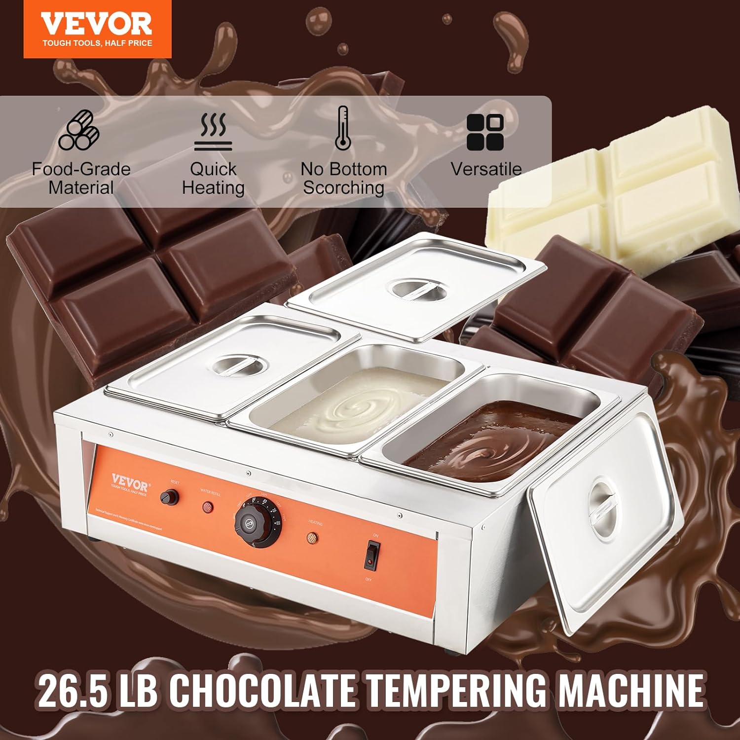 26.5 Lbs 3 Tanks Stainless Steel Electric Chocolate Tempering Machine N843465
