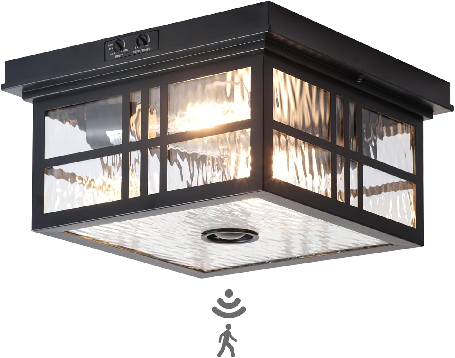 Industrial Motion Sensor Outdoor Flush Mount Ceiling Light, Water Ripple Glass Square Black 2-Light H17955