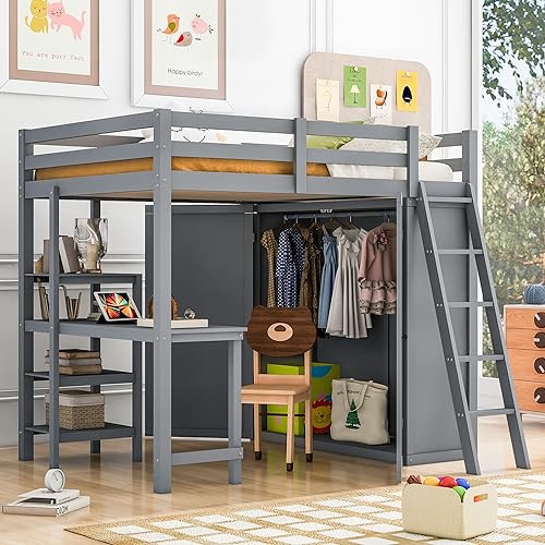 Full Size Solid Wood Loft Bed with Wardrobe and Desk K355457