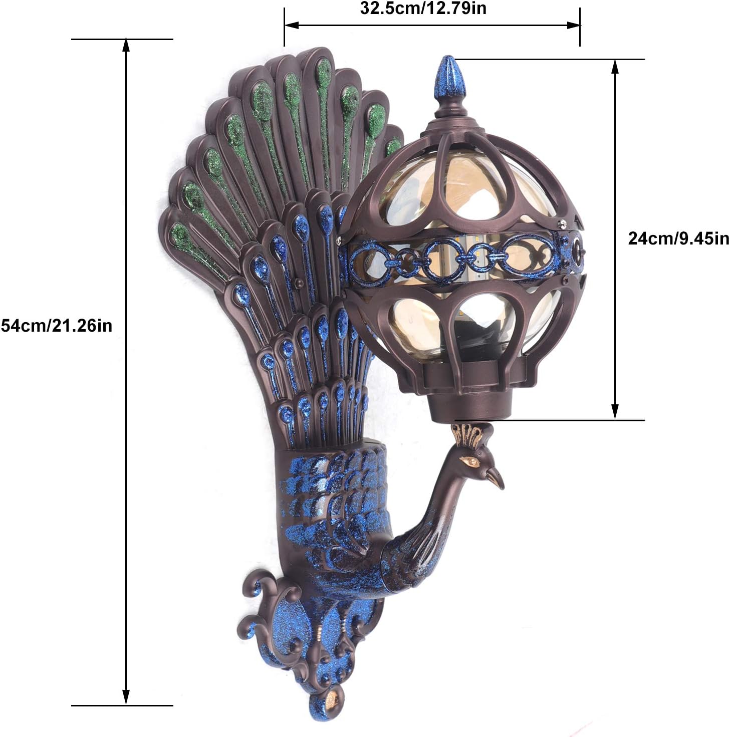 Peacock Wall Light Sconces, Metal and Glass Stained Wall Lamp, LED Antique Wall Mounted Lamp, E27 M72686