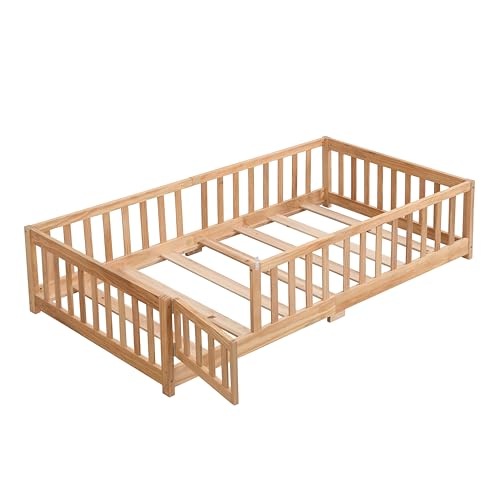 Gray Solid Wood Twin Size Floor Bed with Rails and Slats N23920