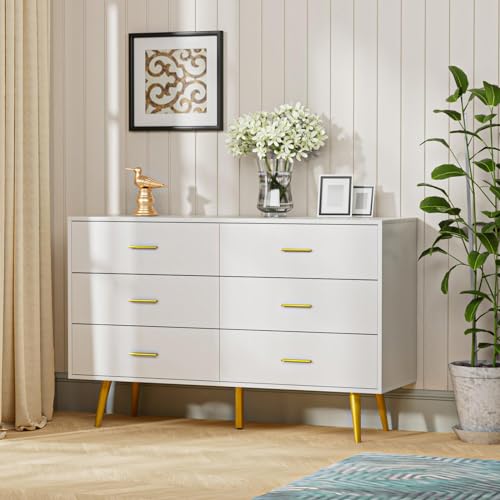 White 6 Drawer Wood Dresser with Gold Metal Handles F64601