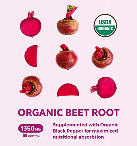 Organic Beet Root Powder 120 Tablets 1350mg Beets Per Serving with Black Pepper Z53654