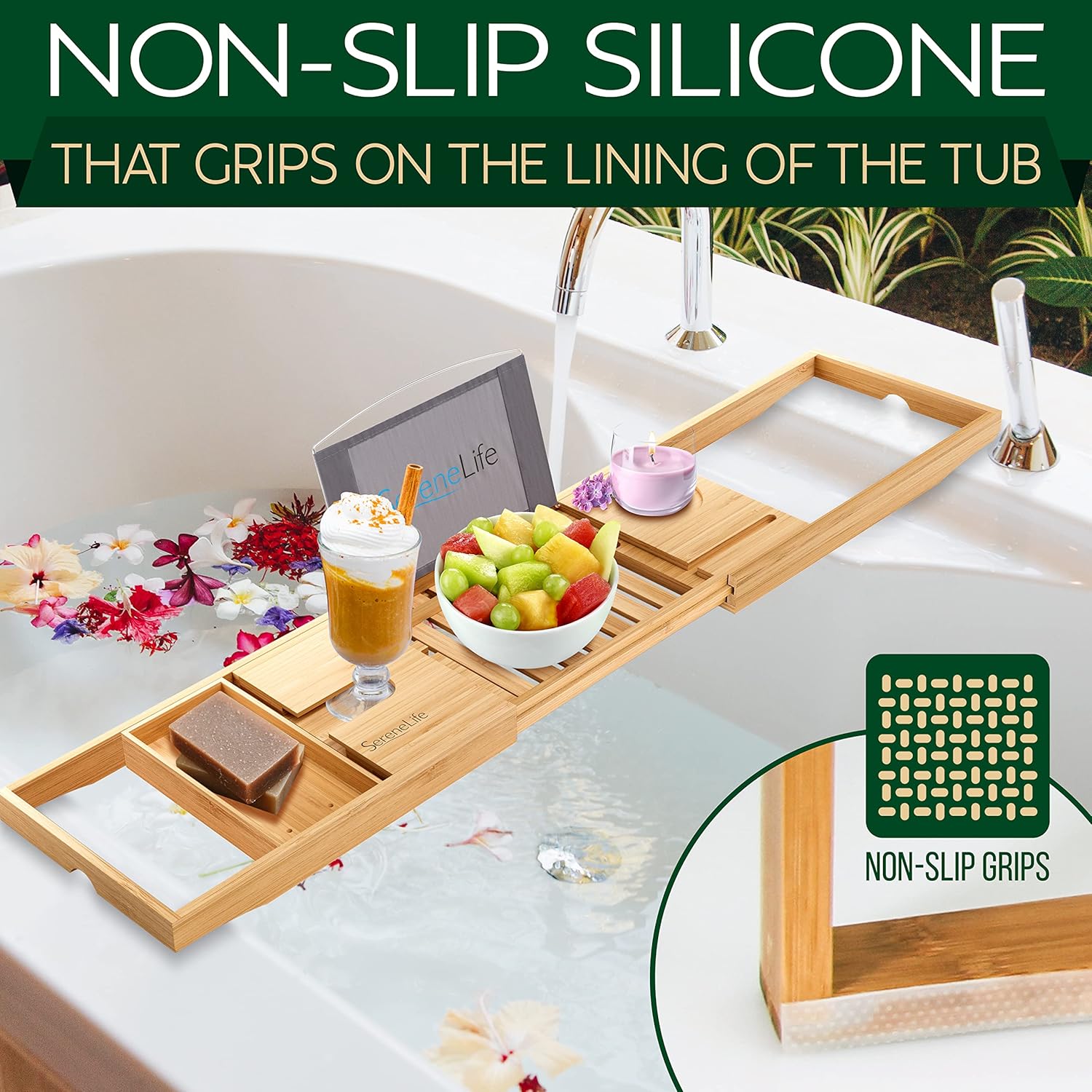 Bamboo Bathtub Caddy Tray with Wine Holder J437177
