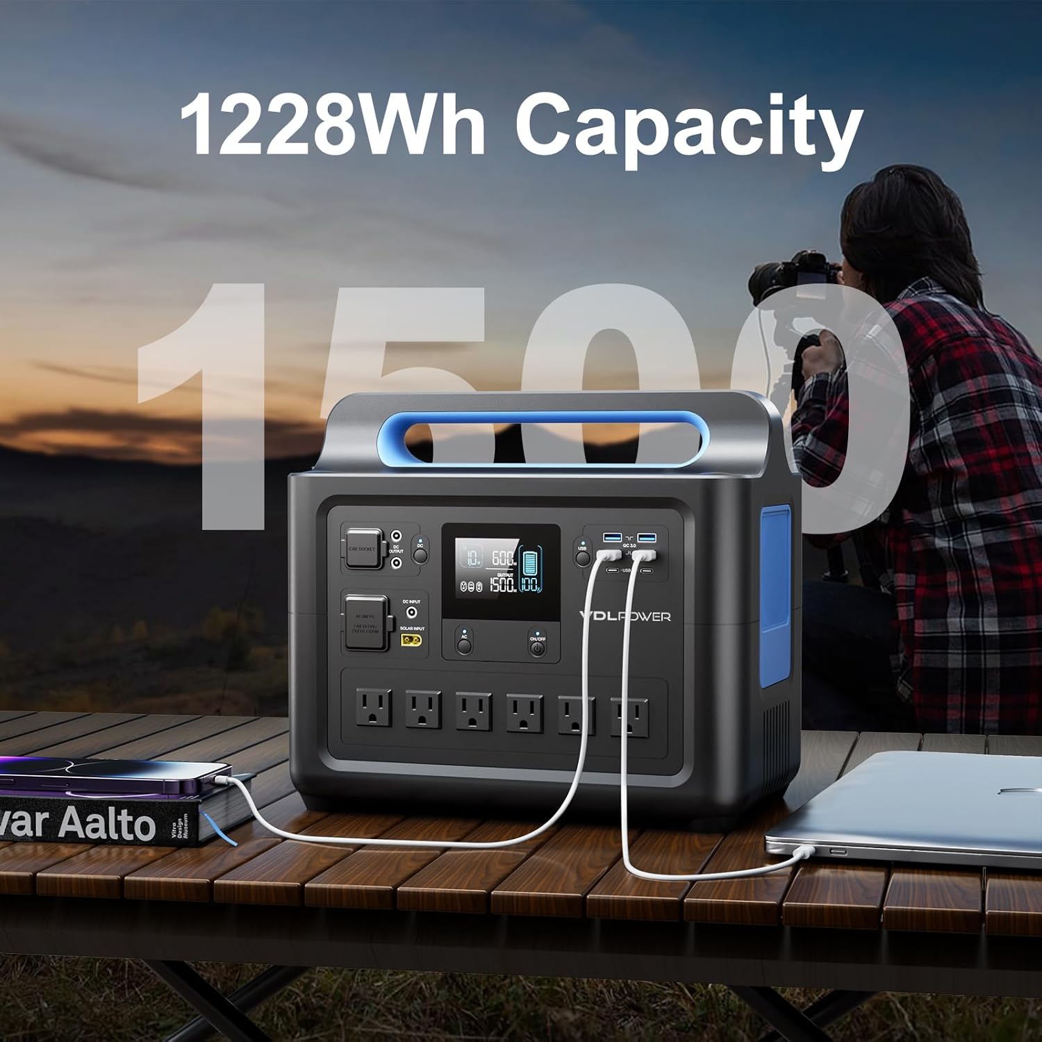 Portable Power Station 1228Wh 1500W LiFePO4 Solar Generator 6x110V Pure Sinewave AC Outlets D712