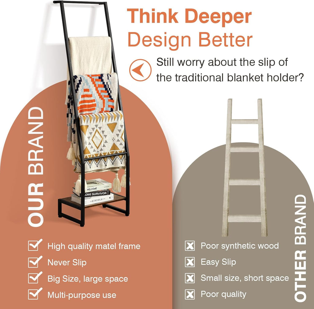 5 Tier Wooden Blanket Ladder Rack, Rustic Brown and Black G4118