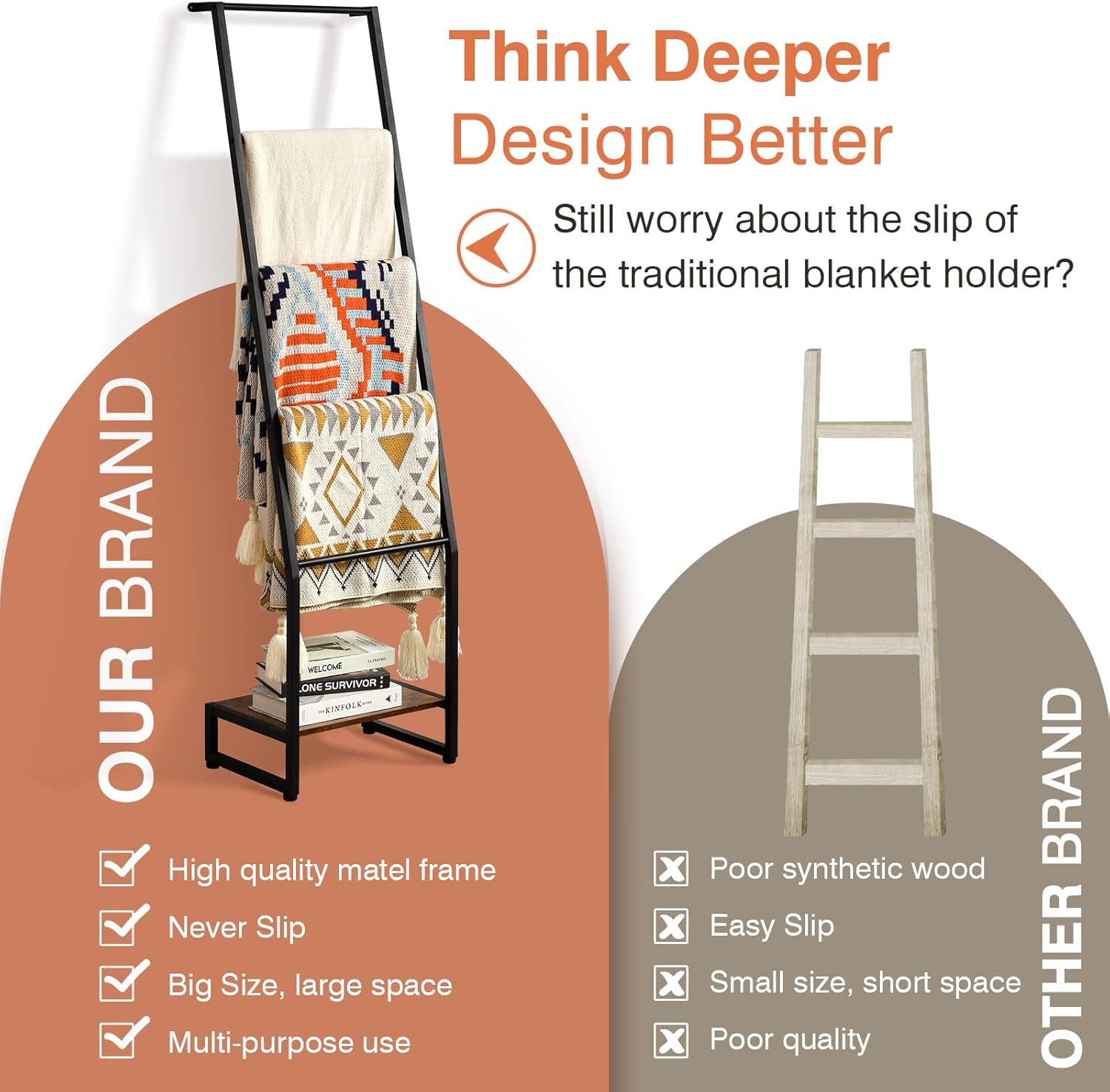 5 Tier Wooden Blanket Ladder Rack, Rustic Brown and Black G4118