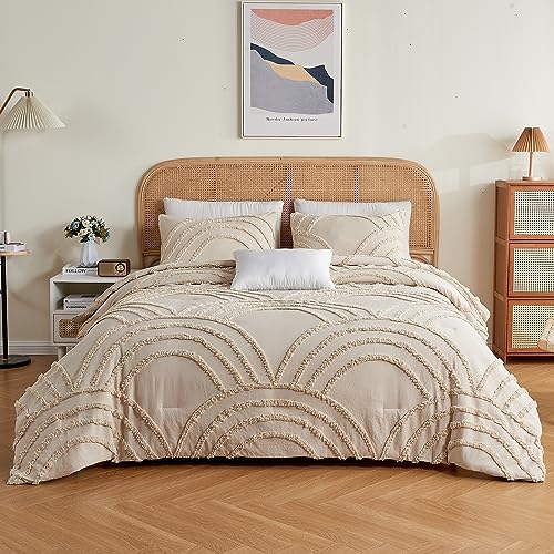 Twin XL Beige Tufted Rainbow Microfiber Comforter Set with 1 Pillowcase F9086