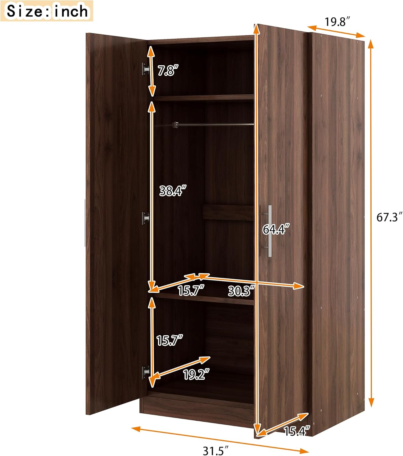 Brown Wooden Armoire with Hanging Rod and Storage Shelves A9302