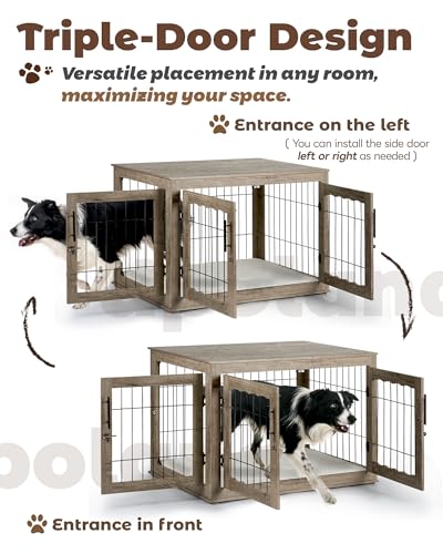 Greige Wooden Dog Crate with Bed Mat I7586