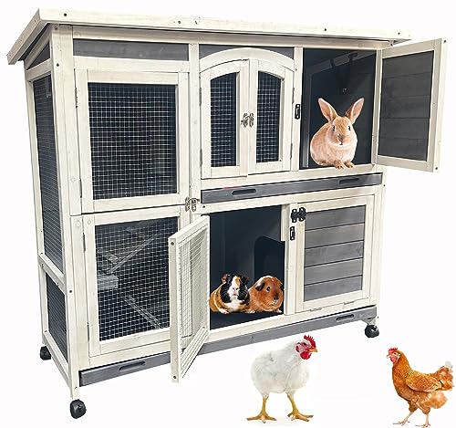 Large Double Story Wooden Rabbit Hutch on Wheels with Washable Tray X57170