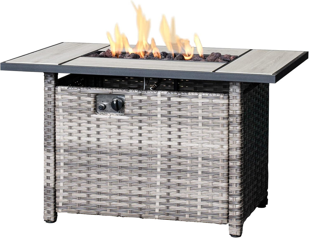 42 inch Outdoor Rectangle Propane Fire Pit Table with Lid, Grey Wicker L42519