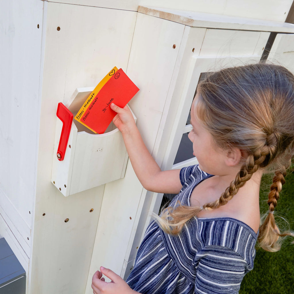 White Wooden Playhouse with Picnic Table, Mailbox & Outdoor Grill R190105