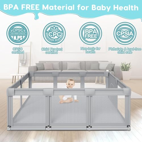 Large Baby Playpen with Soft Breathable Mesh, Grey B575