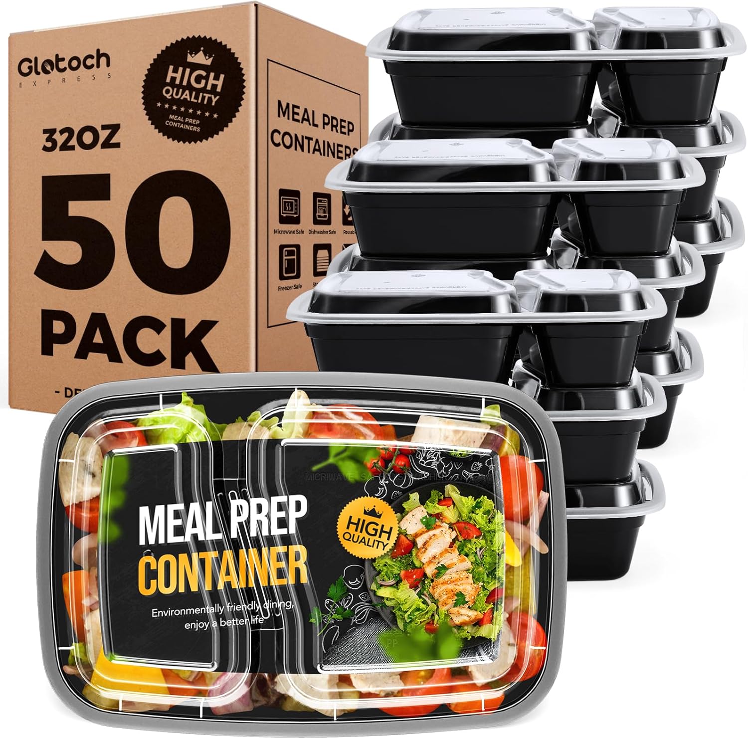 50 Pack 32oz 2 Compartment Meal Prep Container Microwave Safe BPA-Free Black X4212