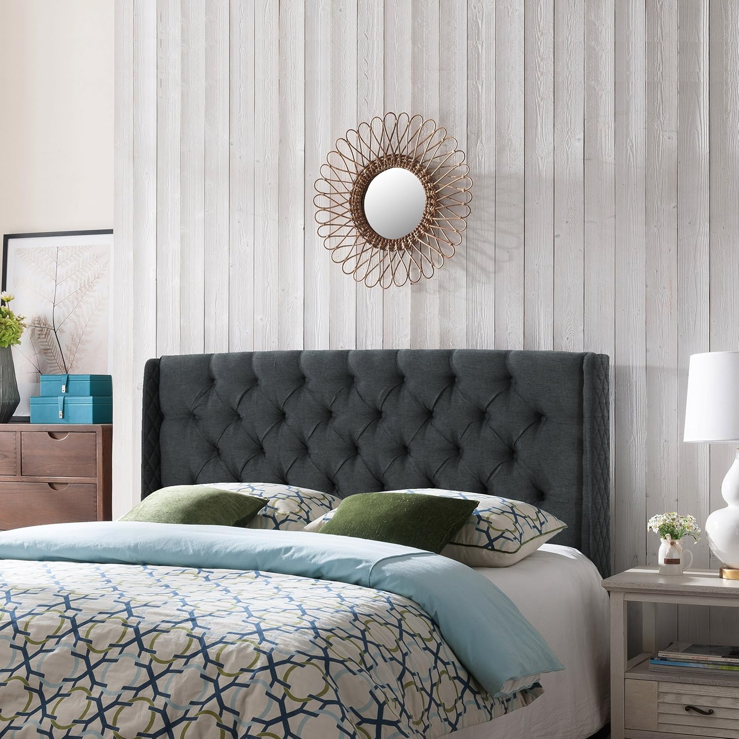 Queen Dark Gray Black Tufted Fabric Headboard B190