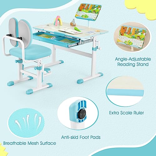 Pink Height-Adjustable Kids Desk and Chair Set with Tiltable Desktop D55147