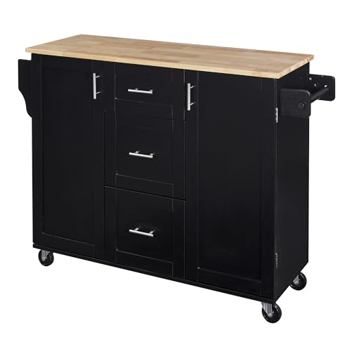 Grey Blue Rolling Kitchen Cart with 3 Drawers and Rubber Wood Top N244