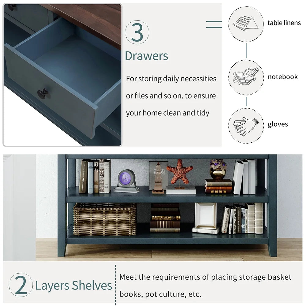 Navy Storage Console Table with 3 Drawers and 2 Shelves Q90389