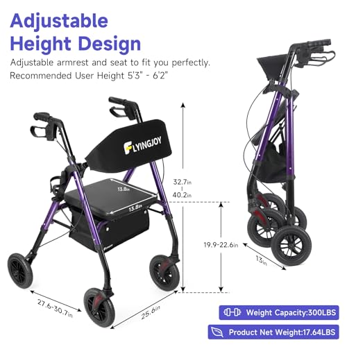Blue 8" 4 Wheels Rollator Walker with Seat Locking Brakes Adjustable Seat and Arms Aluminum Foldable Removable Back Support 300 lbs O6573