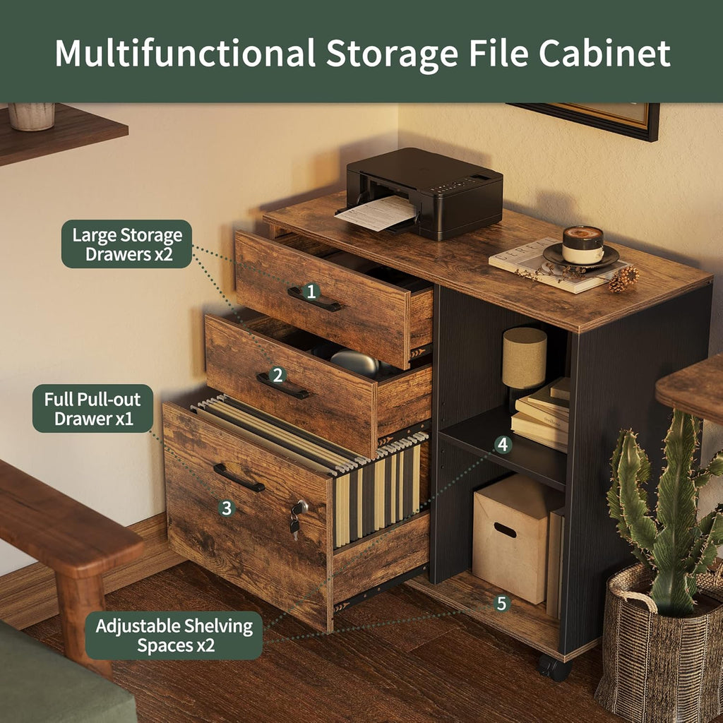 Triple Motor L-Shaped Electric Standing Desk with 3 Drawers, 63 x 24 Inches Rustic Brown Top/Black Frame G474