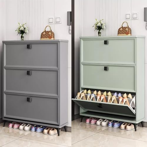 Gray Slim Shoe Cabinet with 3 Flip Drawers J158