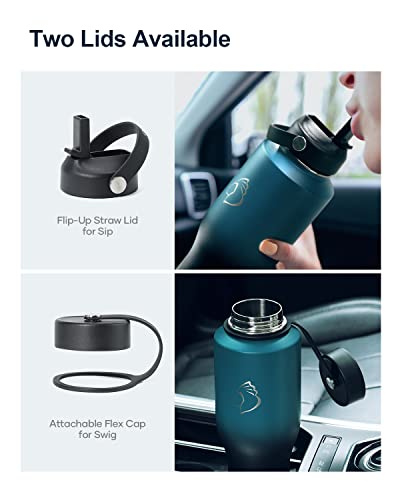 40 oz Insulated Double Wall Stainless Steel Tumbler with Handle Straw Lid and Flex Lid, Black U347733