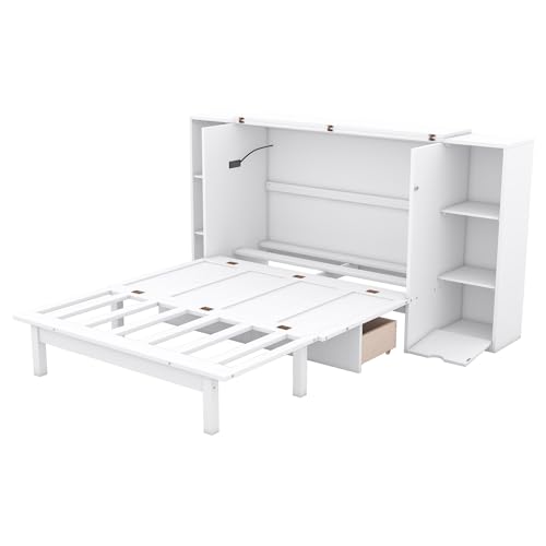 White Queen Size Wood Murphy Bed with Shelves and Storage Drawers U66402