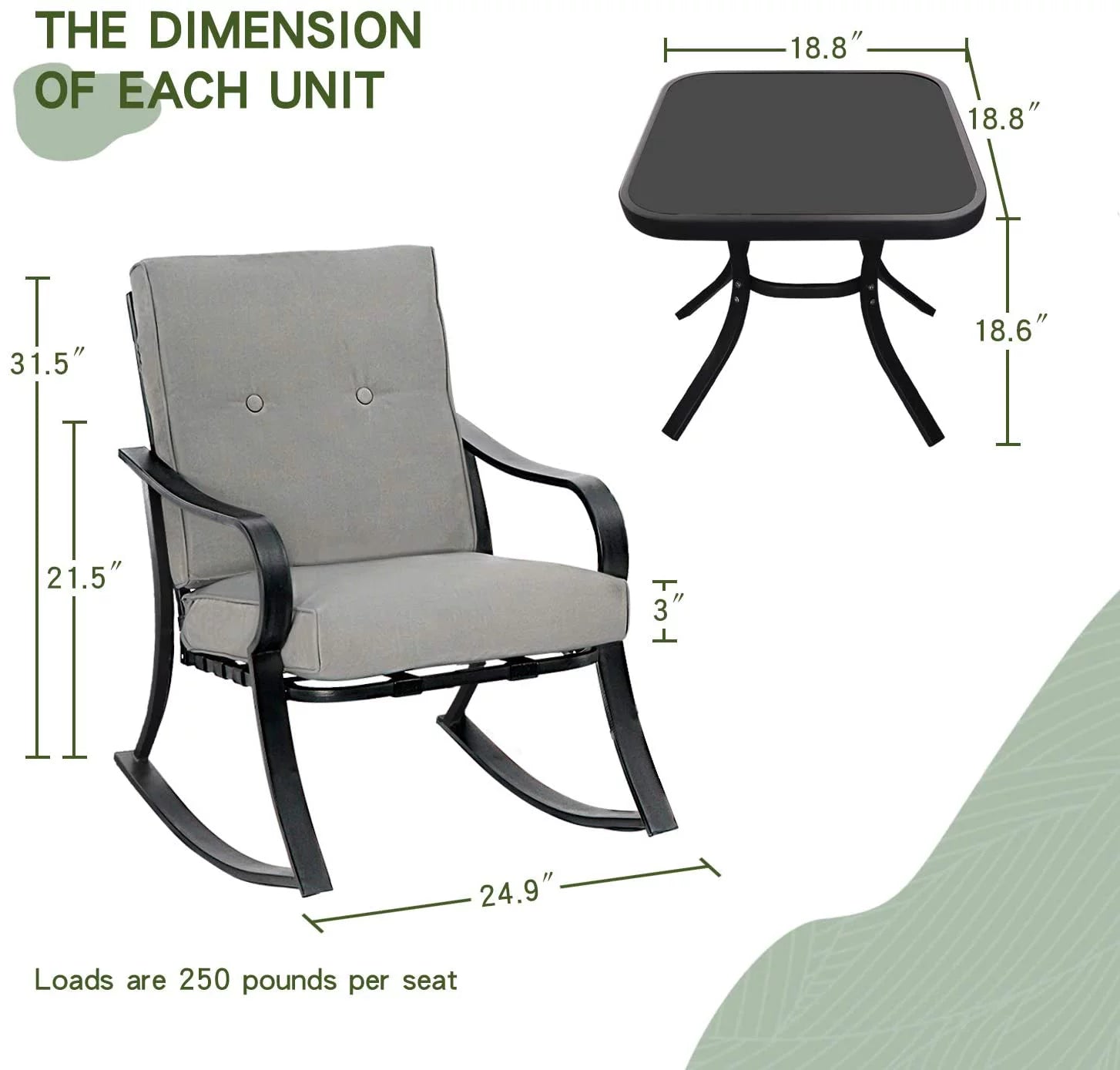 3-Piece Black Iron Outdoor Rocking Chairs Set with Gray Cushion and Glass Coffee Table O66268