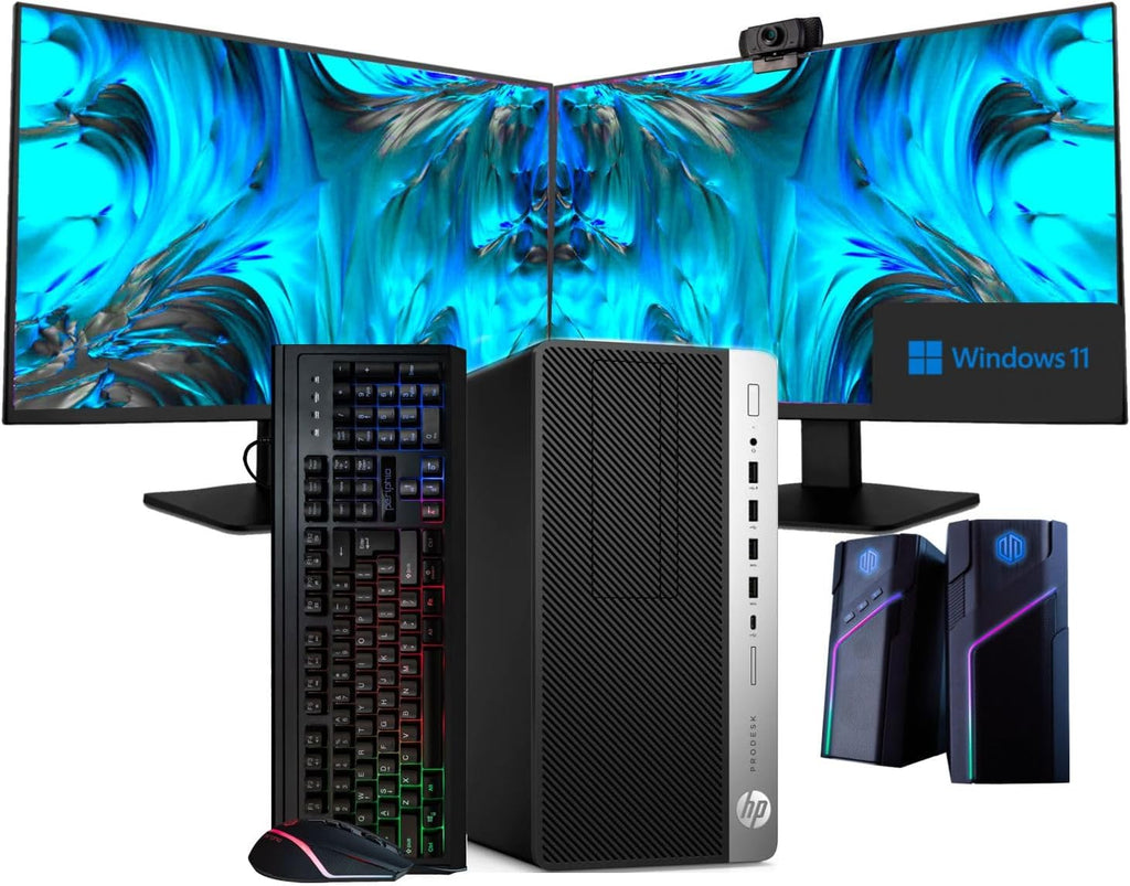 Workstation PC Desktop with Intel i7-8700, 32GB DDR4 RAM, 1TB SSD + 4TB HDD, Dual 22in LCD Monitors Y863846