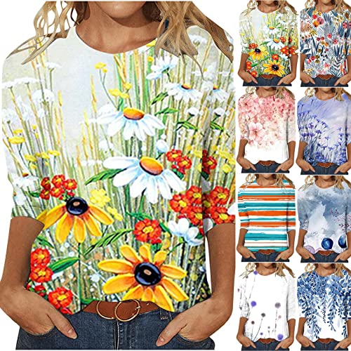 3/4 Sleeve Crew Neck Floral Print Blouses N769760