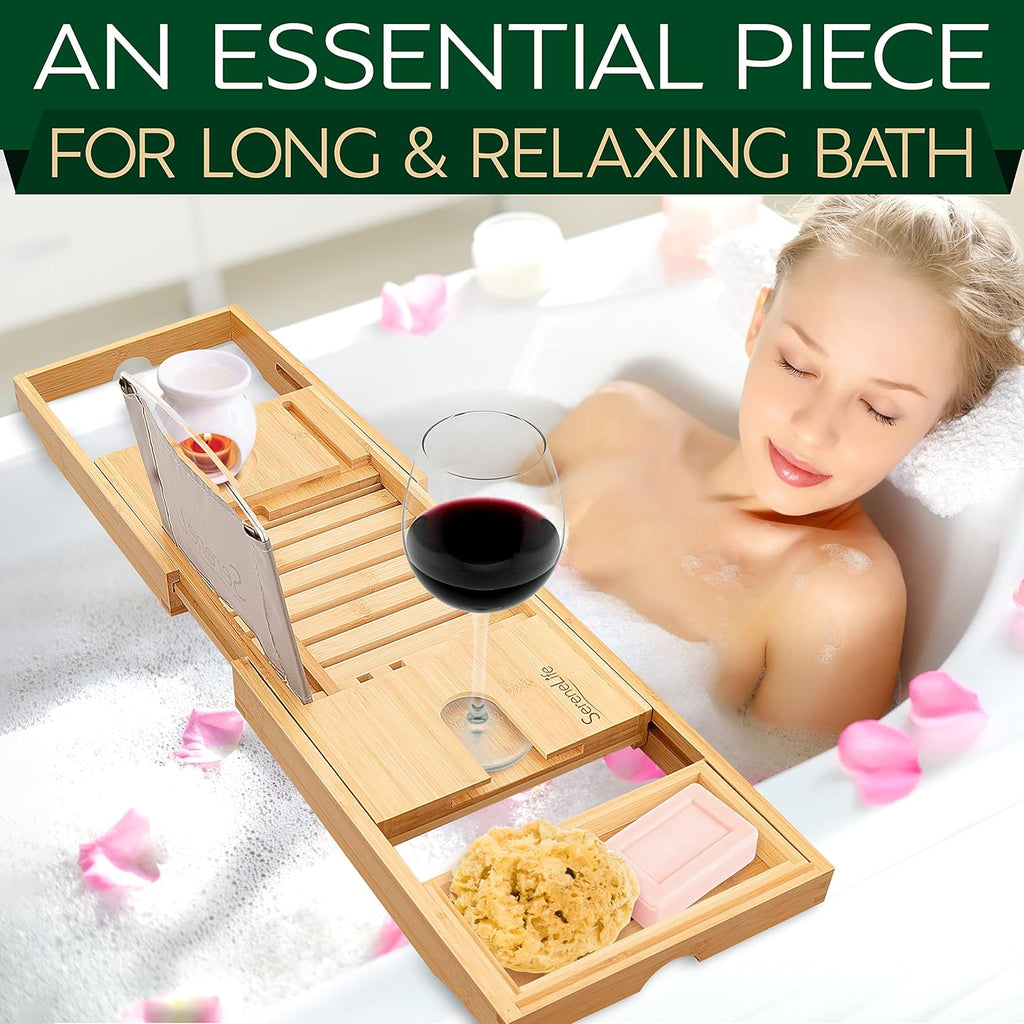 Bamboo Bathtub Caddy Tray with Wine Holder J437177