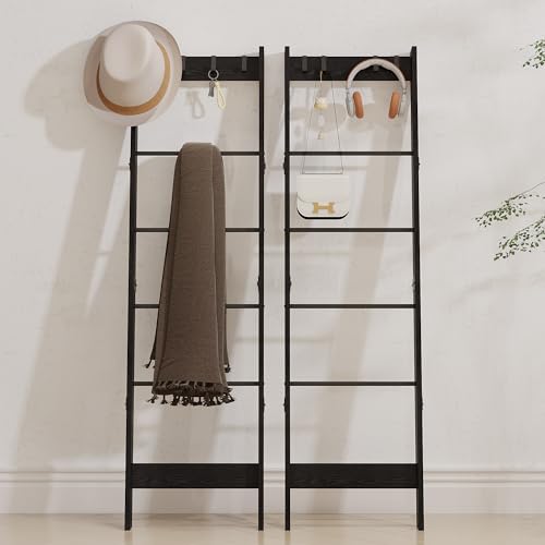 6 Tier Blanket Ladder Shelf with 4 Metal Hooks, Rustic Brown A11942