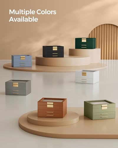 4-Layer Jewelry Organizer with Glass Lid, 3 Drawers, Dove Gray and Gold N186364