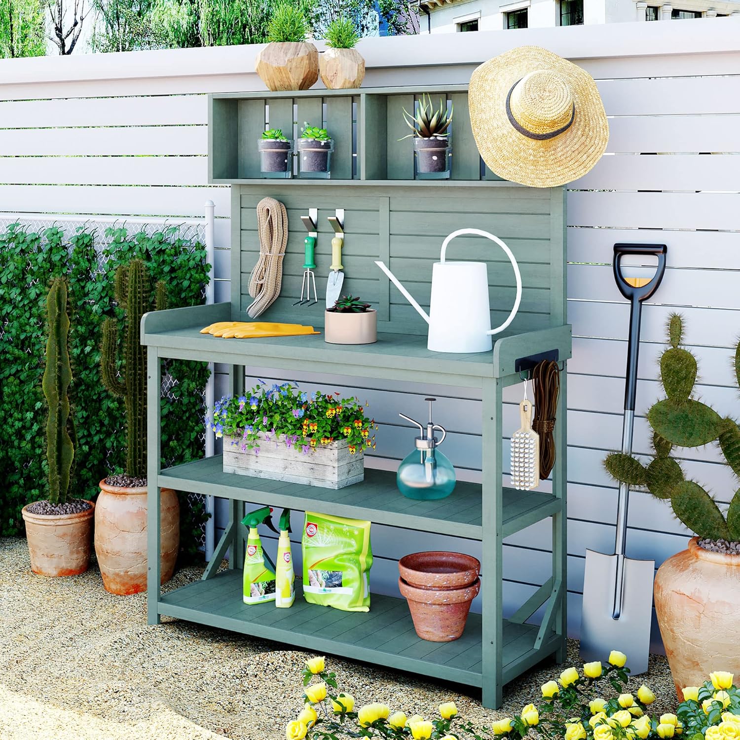 Green Wooden Potting Bench Table with 4 Storage Shelves and 3 Side Hook Z36850
