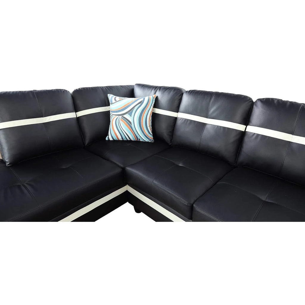 Black Leather 3-Piece L-Shaped Sectional Sofa Set with Ottoman Y3713