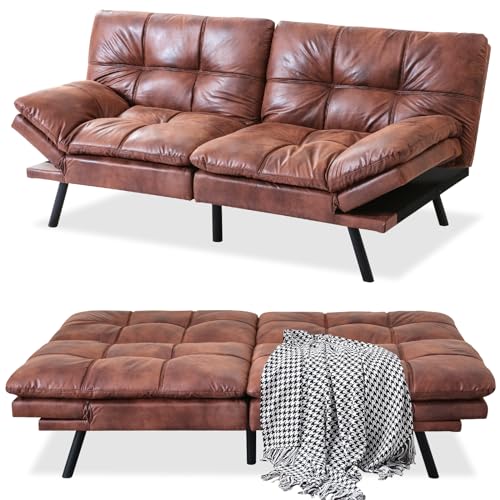 Faux Leather Futon Bed, Convertible Memory Foam Sofa Bed, 71" Sofas, Matte Black K3583