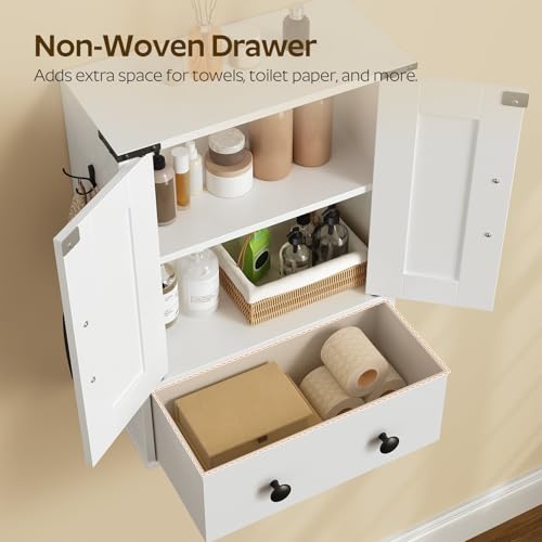 White Double-Door Wall Mounted Bathroom Cabinet with Fabric Drawer H7088