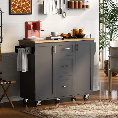 Grey Blue Rolling Kitchen Cart with 3 Drawers and Rubber Wood Top N244