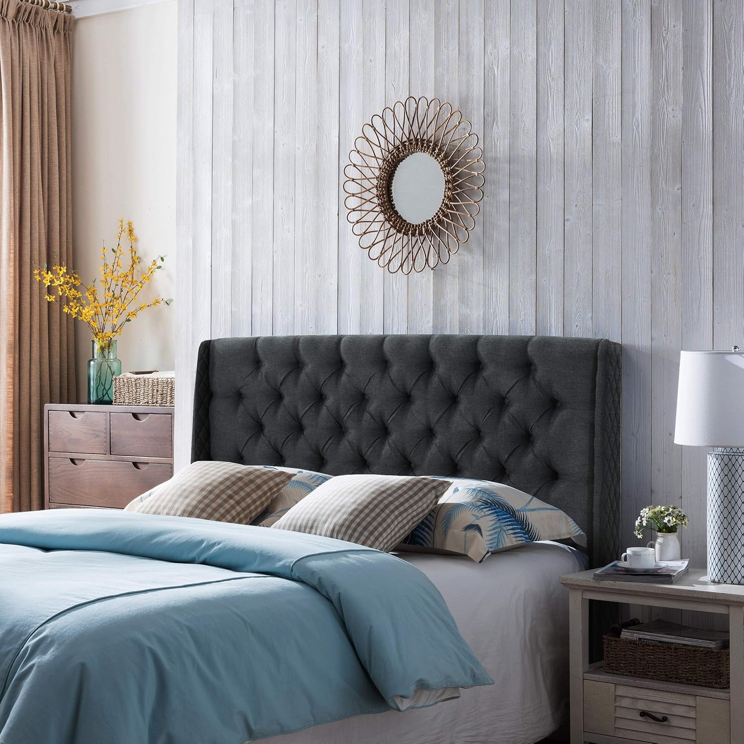 Queen Dark Gray Black Tufted Fabric Headboard B190