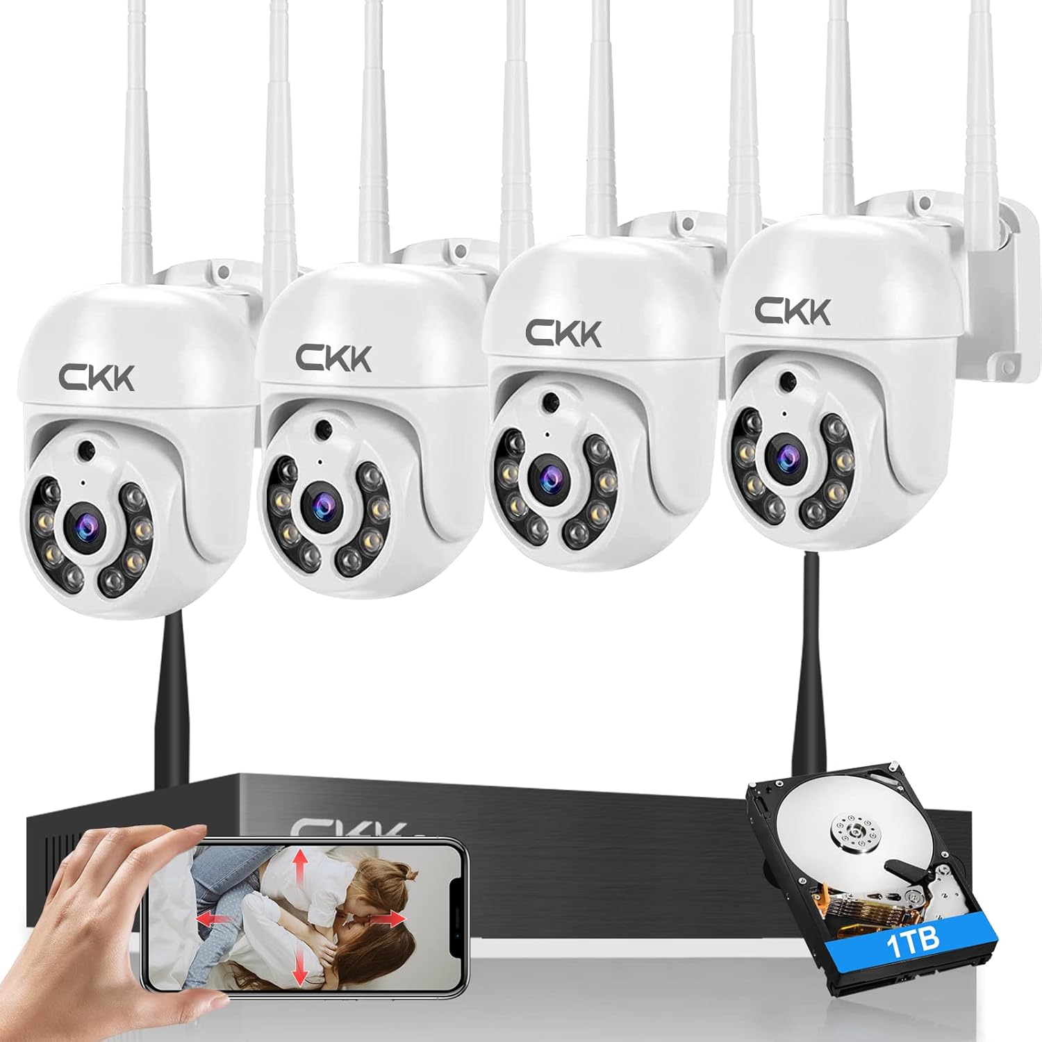 Wireless Security Camera System with 1TB HDD, Dome PTZ Cameras and Bullet Cameras, 8 Channel WiFi Surveillance NVR System with Floodlights & Siren Alarm, 2 Way Audio L37902