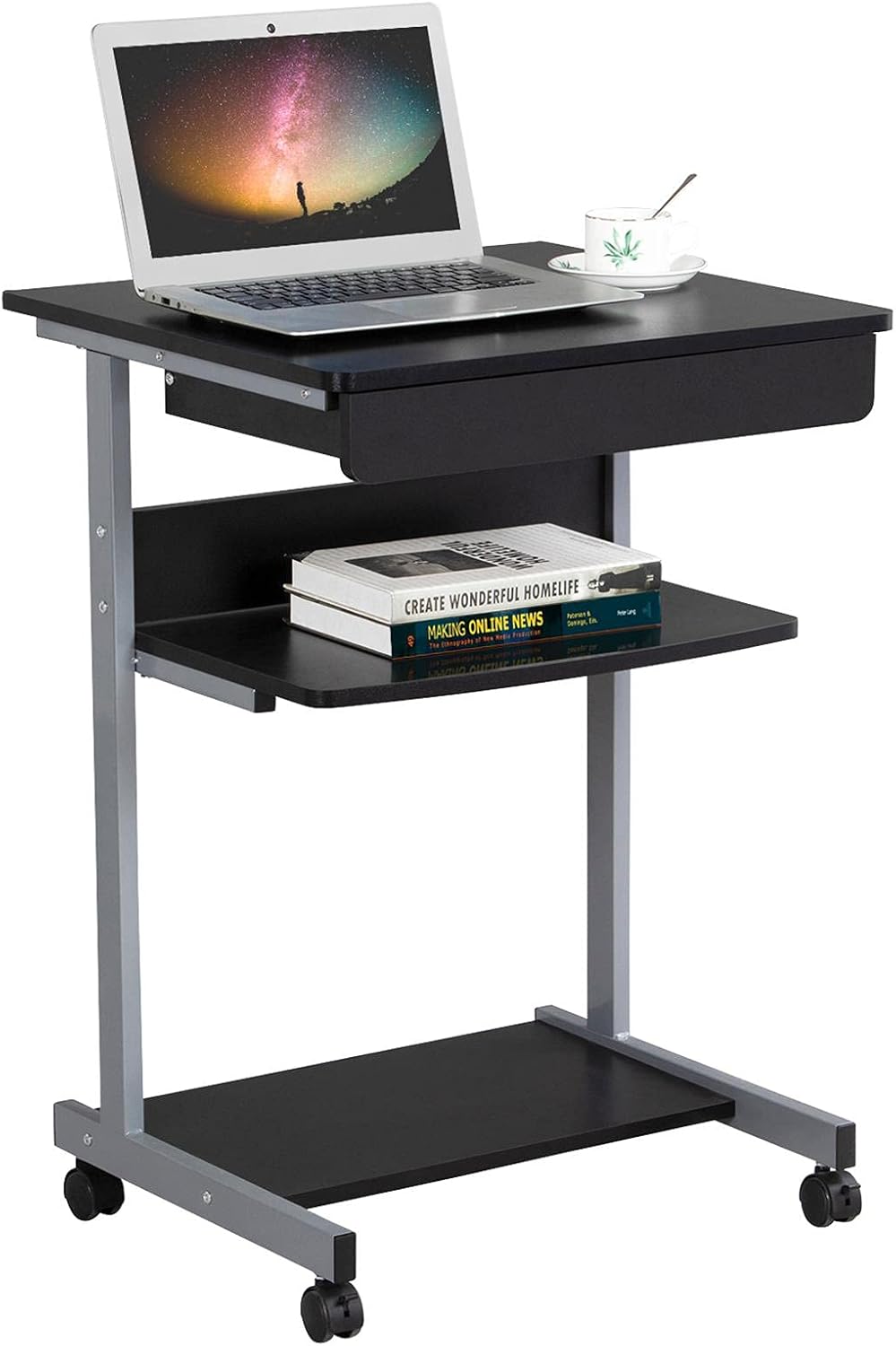 Mobile Compact Computer Desk Cart with Drawers and Printer Shelf on Wheels C75645