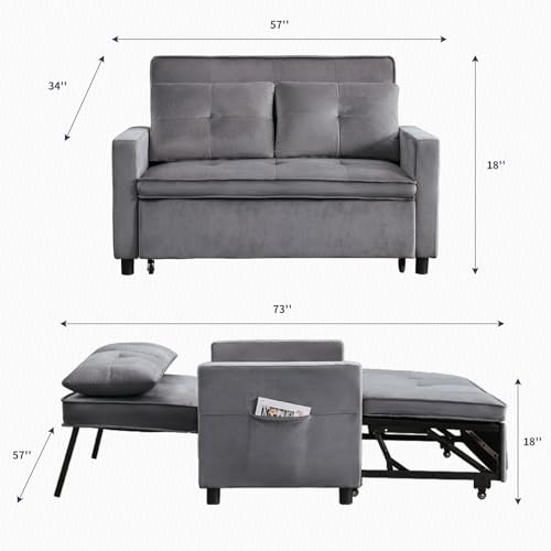 Dark Grey Upholstered Convertible Folding Sofa Bed with Storage Pocket X918732