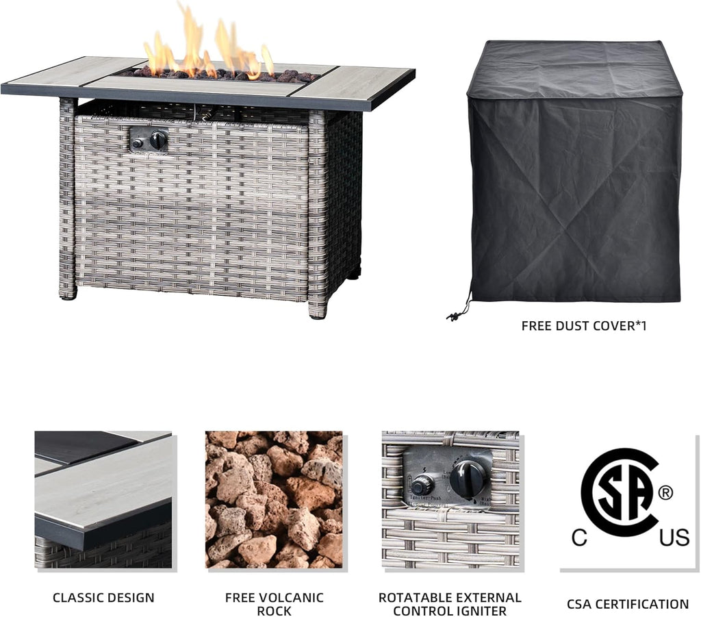 42 inch Outdoor Rectangle Propane Fire Pit Table with Lid, Grey Wicker L42519
