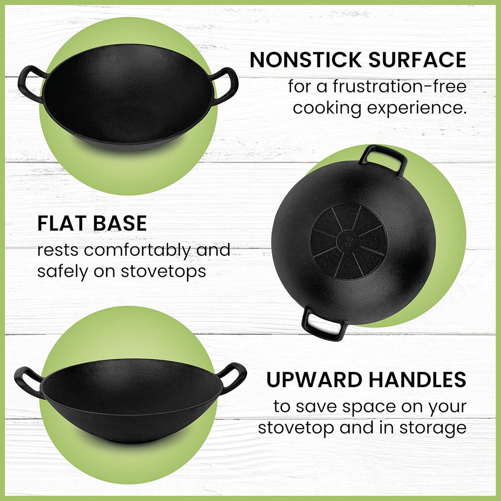 Pre-Seasoned Cast Iron Wok with Wooden Lid 14 Inches Nonstick Deep Frying Pan P1176