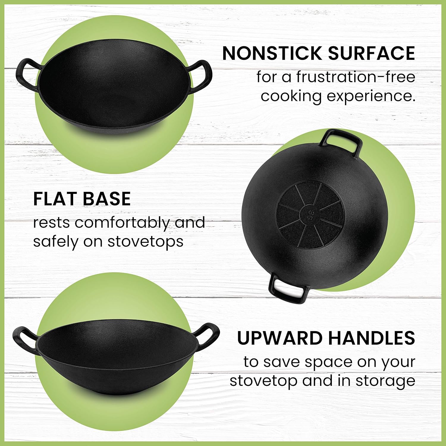 Pre-Seasoned Cast Iron Wok with Wooden Lid 14 Inches Nonstick Deep Frying Pan P1176
