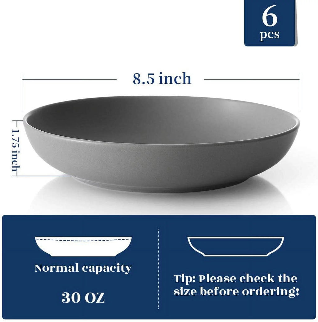 Pasta Bowls Set of 6, Ceramic Soup Bowls 30 Ounces, Grey Matte M133777