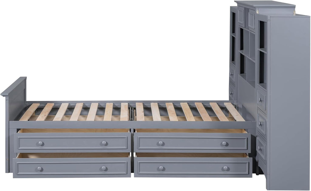 Gray Twin Size Wood Platform Bed Frame with Bookcase Headboard and 4 Drawers N968529